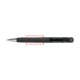 Clear plastic push ballpoint pen with metal elements.