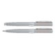 Chrome-colored metal pen set with ballpoint pen, rollerball pen and leather case.