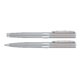 Chrome-colored metal writing set consisting of ballpoint pen and rollerball, with case.