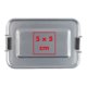 Silver aluminum lunch box with hinged closures.