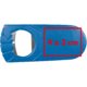 Blue plastic bottle opener with metal insert.
