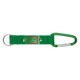 Green textile keychain with carabiner and metal ring.