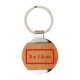 Wood and metal key chain with oblong shape and metal ring.
