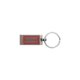 Metal keychain with rectangular shape and ring.