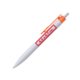 White plastic ballpoint pen with orange clip and push mechanism.