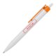 Plastic ballpoint pen with clip and push mechanism.