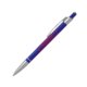 Blue metal ballpoint pen with clip and push-button mechanism.