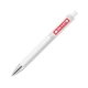 White plastic ballpoint pen with clip and push mechanism.