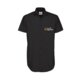Black short-sleeved shirt with collar and button placket.
