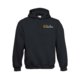 Black sweatshirt with hood and kangaroo pocket.