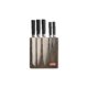 Wooden knife block with six stainless steel knives.