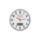 Analog wall clock with additional digital display.