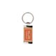 Wooden keychain with metal frame and ring.