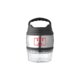 Silver metal and plastic container with lid and handle.