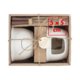 White ceramic chocolate fondue set with forks.
