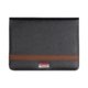 Black faux leather writing case with brown decorative stripe.