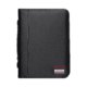 Black writing folder with ring binder mechanism.