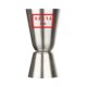 Silver stainless steel jigger with two measuring cups.