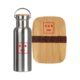 Silver stainless steel bottle with bamboo lid and a bamboo lunch box with rubber band.