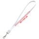 White polyester lanyard with carabiner hook and universal charging cable.