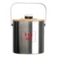 Silver metal ice bucket with bamboo lid and handle.
