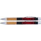 Bamboo and metal writing set with clip and push mechanism.