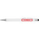 White ballpoint pen with touch pen and clip.