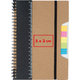 Brown notebook with spiral binding, elastic band and sticky notes.