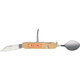 Light wood camping cutlery with knife, fork and spoon.