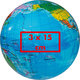 Blue anti-stress ball with world map print.