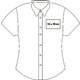 Short-sleeved women's blouse with button placket and collar.