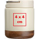 Beige metal food container with wooden base and handle.
