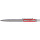 Silver stainless steel ballpoint pen with clip and push mechanism.