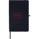 Black notebook with elastic band and ribbon bookmark.