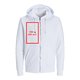White sweatshirt jacket with hood, full zip and kangaroo pockets.