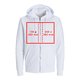 White fabric sweatshirt jacket with hood, zipper and unisex cut.