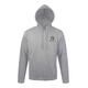 Gray heather cotton-polyester hoodie with drawstring and kangaroo pocket.