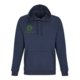 Navy blue cotton-blend hoodie with hood and kangaroo pocket.