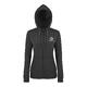 Women's hooded sweatshirt jacket with full zipper and pockets.