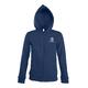 Navy blue women's cotton blend sweat jacket with hood and full zipper.