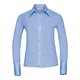 Sky blue women's blouse made of cotton with long sleeves and button placket.