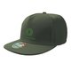 Green fabric snapback cap with flat brim and adjustable closure.