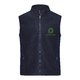 Navy blue polyester fleece vest with full zipper and side pockets.