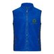 Blue polyester fleece vest with full zipper and side pockets.