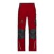 Red and black work trousers in a polyester-cotton blend, featuring multiple pockets.
