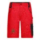 Red polyester-cotton blend work shorts with multiple pockets.