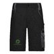 Black and grey work shorts made of polyester-cotton blend with multiple pockets.