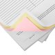 Three carbonless form stacks in landscape format in pink, yellow and white with two-hole punching on the left