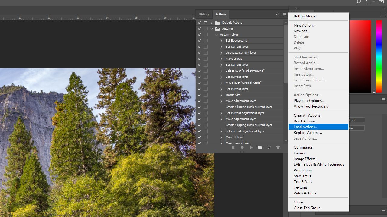 Importing, loading and exporting photoshop actions