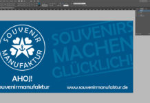 Blue banner design with a circular logo featuring a heart and clover, the text “SOUVENIR MANUFAKTUR,” catchy phrases AHOI! and “Souvenirmanufaktur” plus website link. Background says, “SOUVENIRS MACHEN GLÜCKLICH!”.